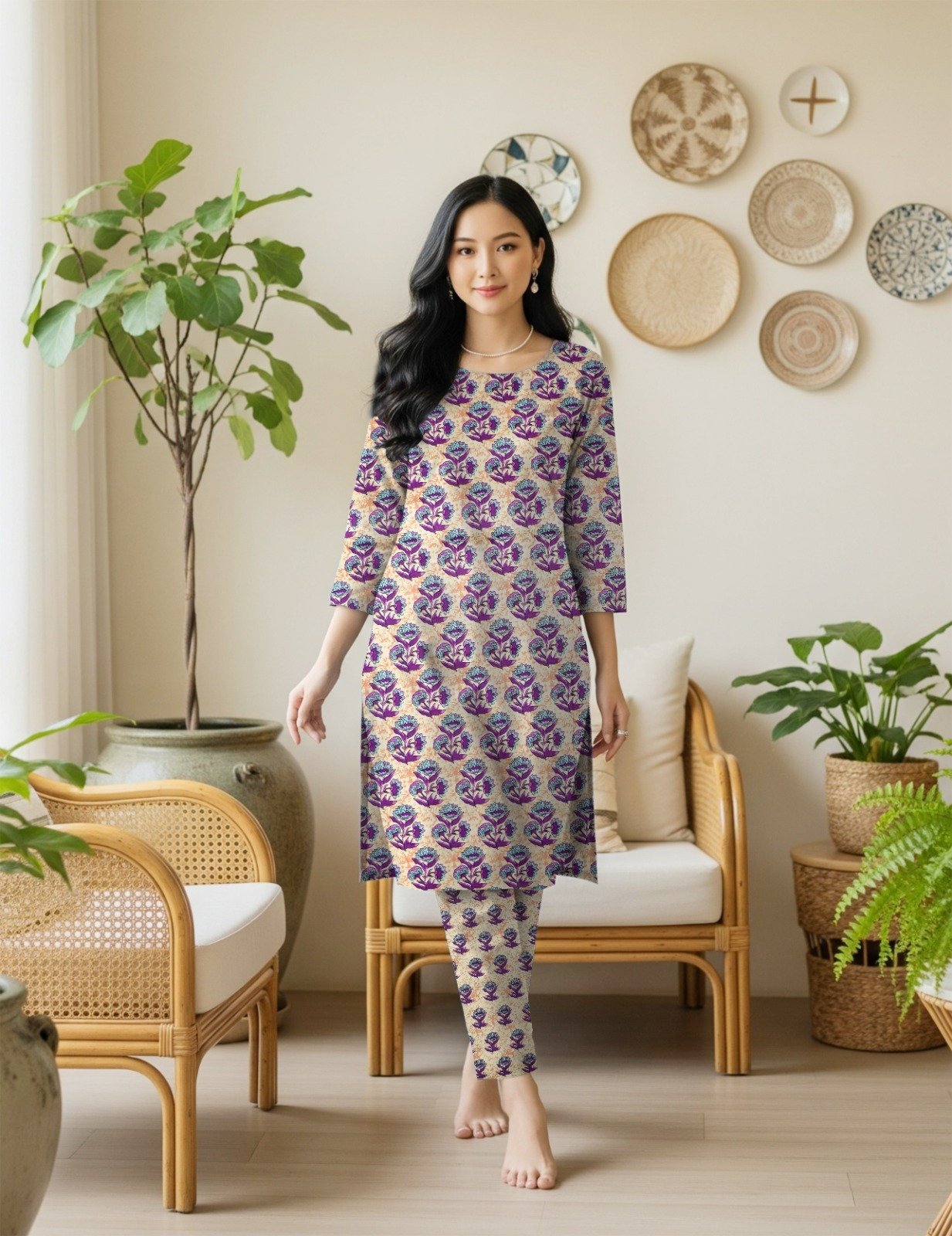Model posing in a matching 2-piece cream lawn co-ord set with Tez Jamni (Dark Purple) floral block print motifs.