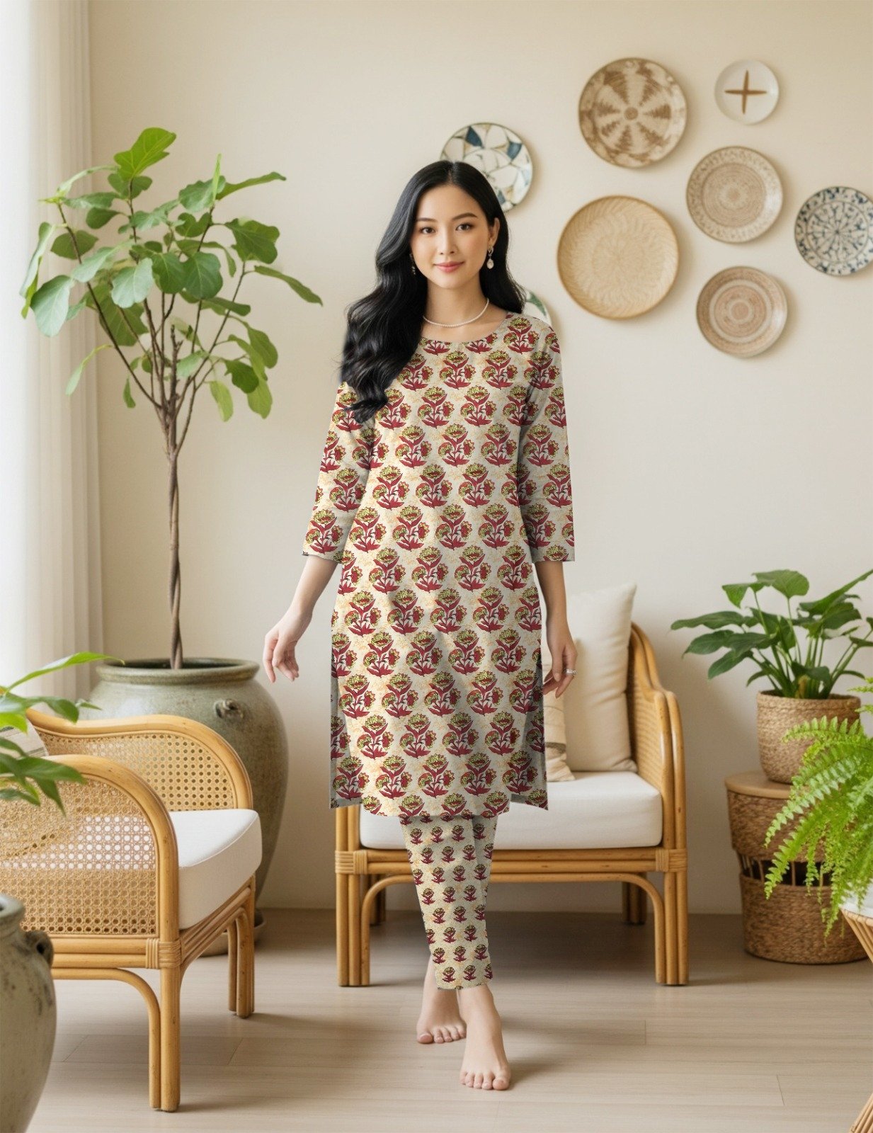 Model posing in a matching 2-piece pale ochre lawn co-ord set with Sunehri Peela (Mustard Gold) floral block print motifs.