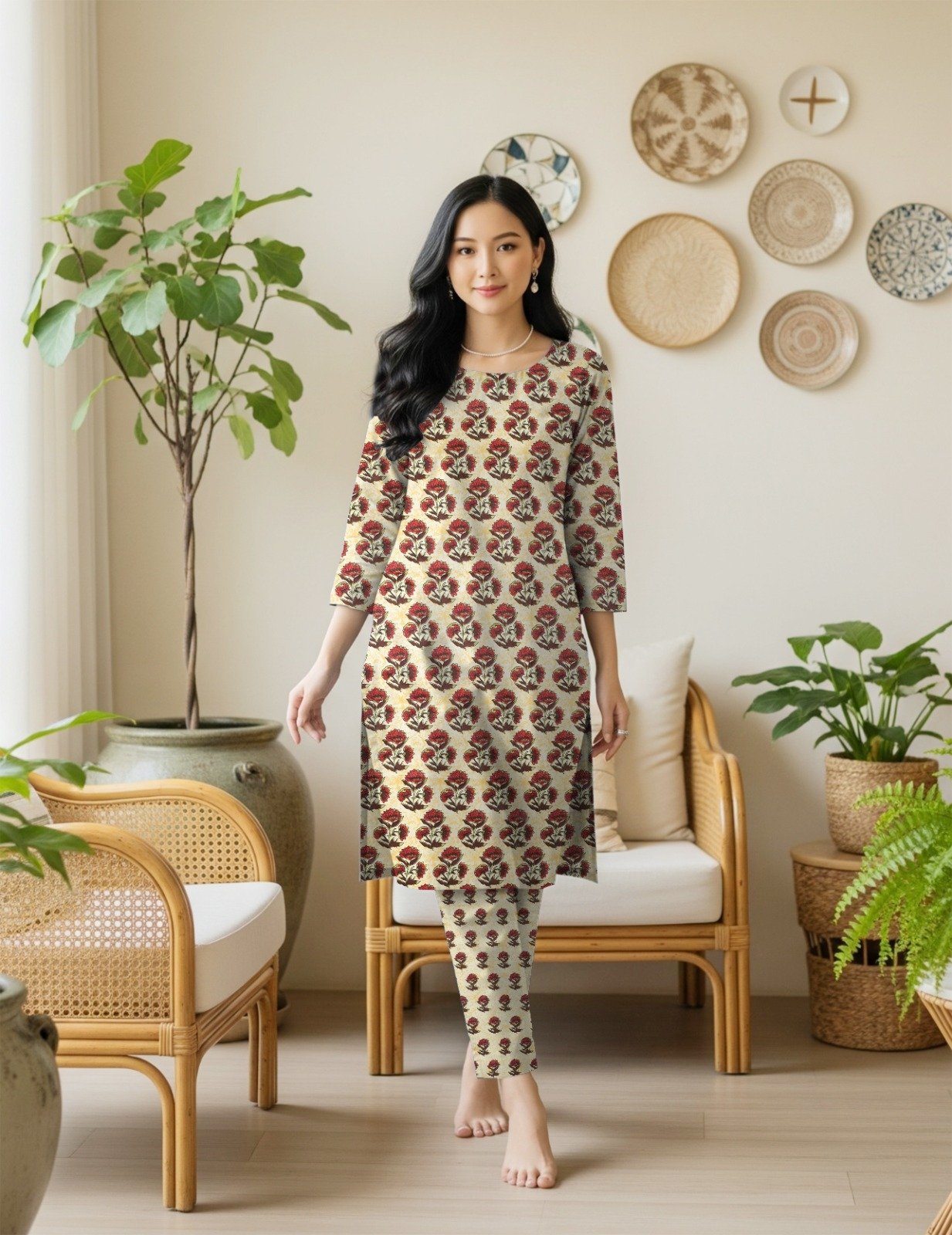 Model posing in a matching 2-piece neutral beige lawn co-ord set with Ghaara Surkh (Deep Maroon Red) floral block print motifs.