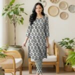 Model posing in a matching 2-piece dusty grey-green lawn co-ord set with Halke Sabz aur Slate (Olive Green / Sage Grey) floral block print motifs.