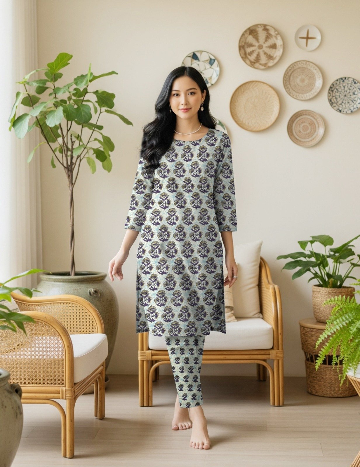 Model posing in a matching 2-piece dusty grey-green lawn co-ord set with Halke Sabz aur Slate (Olive Green / Sage Grey) floral block print motifs.