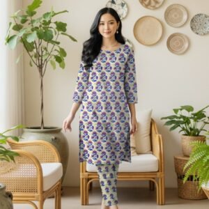 Model posing in a matching 2-piece soft off-white lawn co-ord set with Gulaabi phool aur neeli pattiyan (Magenta Flowers & Royal Blue Vines) floral block print motifs.