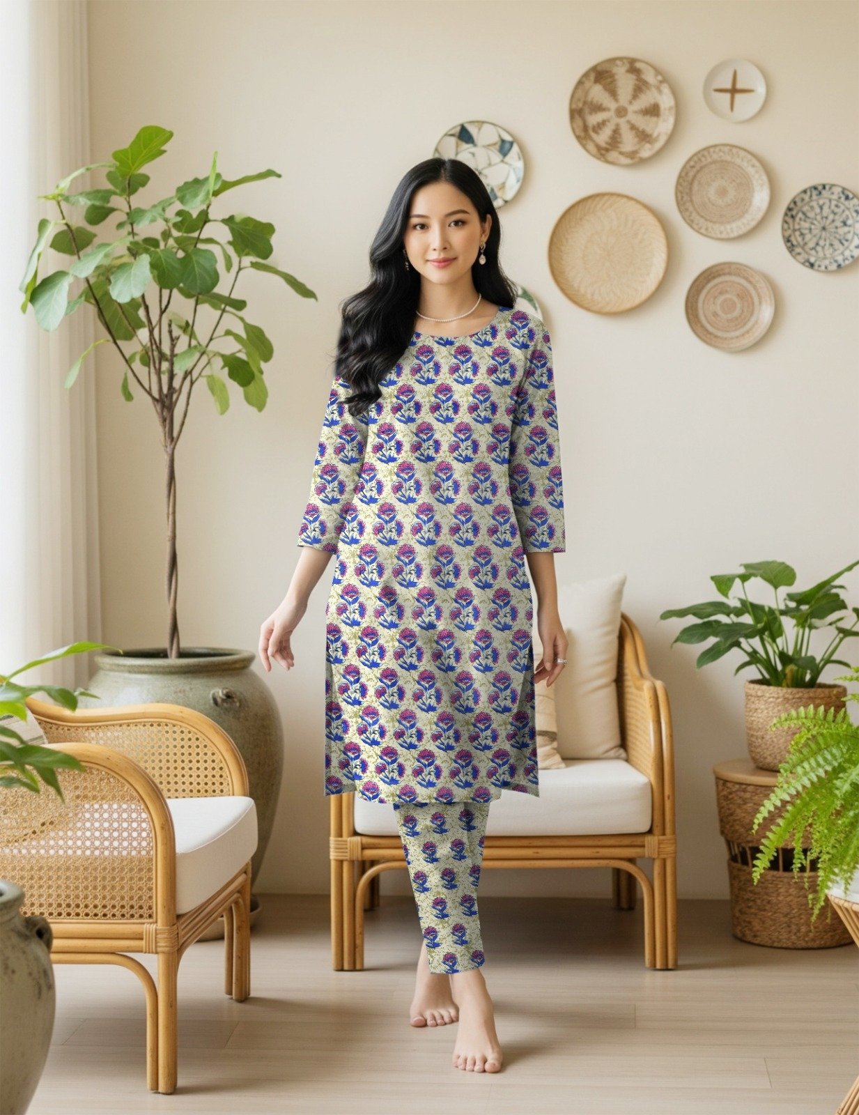 Model posing in a matching 2-piece soft off-white lawn co-ord set with Gulaabi phool aur neeli pattiyan (Magenta Flowers & Royal Blue Vines) floral block print motifs.