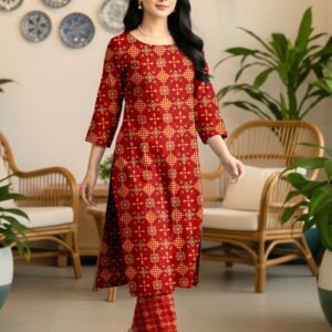 Model walking indoors wearing a matching 2-piece crimson red traditional premium lawn co-ord set with yellow accents.