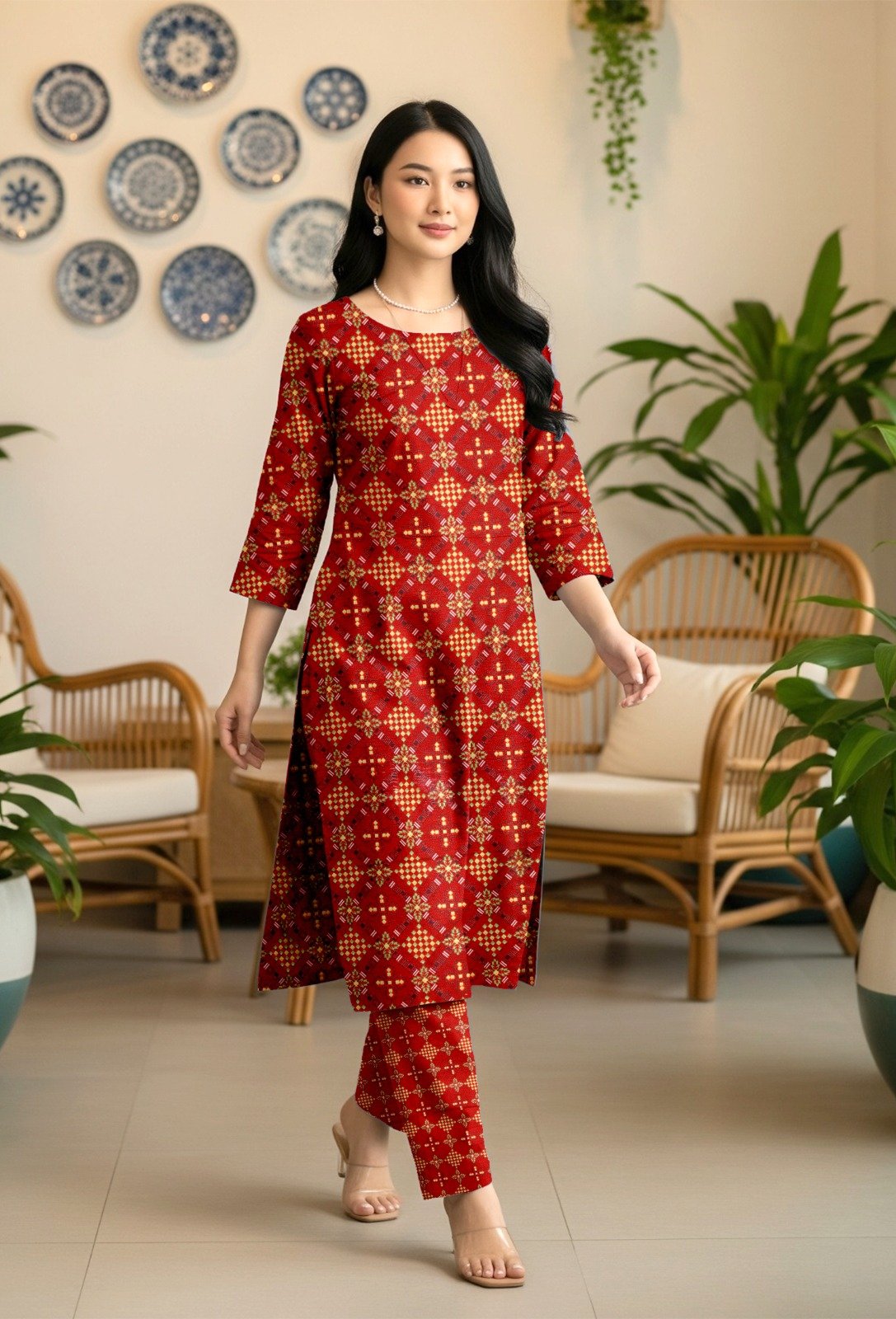 Model walking indoors wearing a matching 2-piece crimson red traditional premium lawn co-ord set with yellow accents.