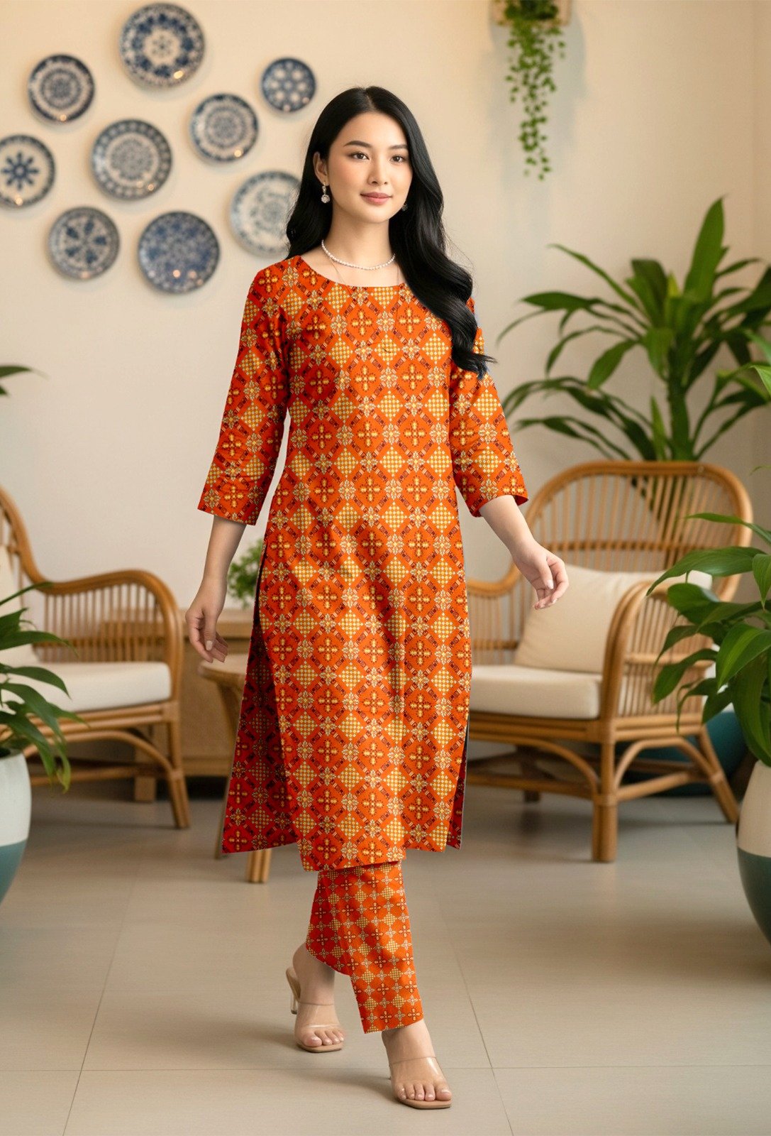 Model walking indoors wearing a matching 2-piece sunset orange traditional premium lawn co-ord set with geometric tile patterns.