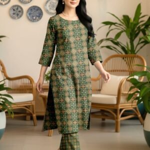 Model walking indoors wearing a matching 2-piece earth green traditional premium lawn co-ord set with geometric cross-stitch motifs.