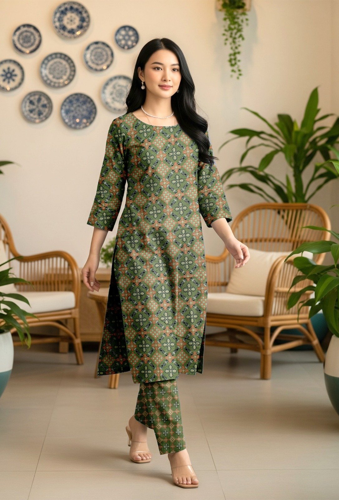 Model walking indoors wearing a matching 2-piece earth green traditional premium lawn co-ord set with geometric cross-stitch motifs.