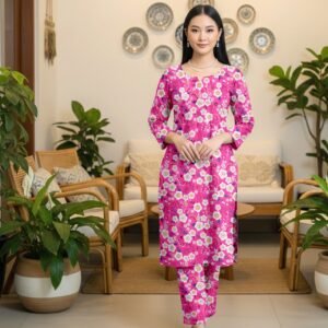 Model posing in a matching 2-piece vibrant shocking pink lawn twin set with white and orange vivid pulse daisy ring prints.