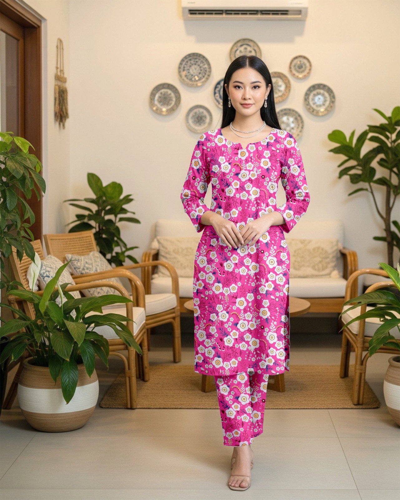 Model posing in a matching 2-piece vibrant shocking pink lawn twin set with white and orange vivid pulse daisy ring prints.