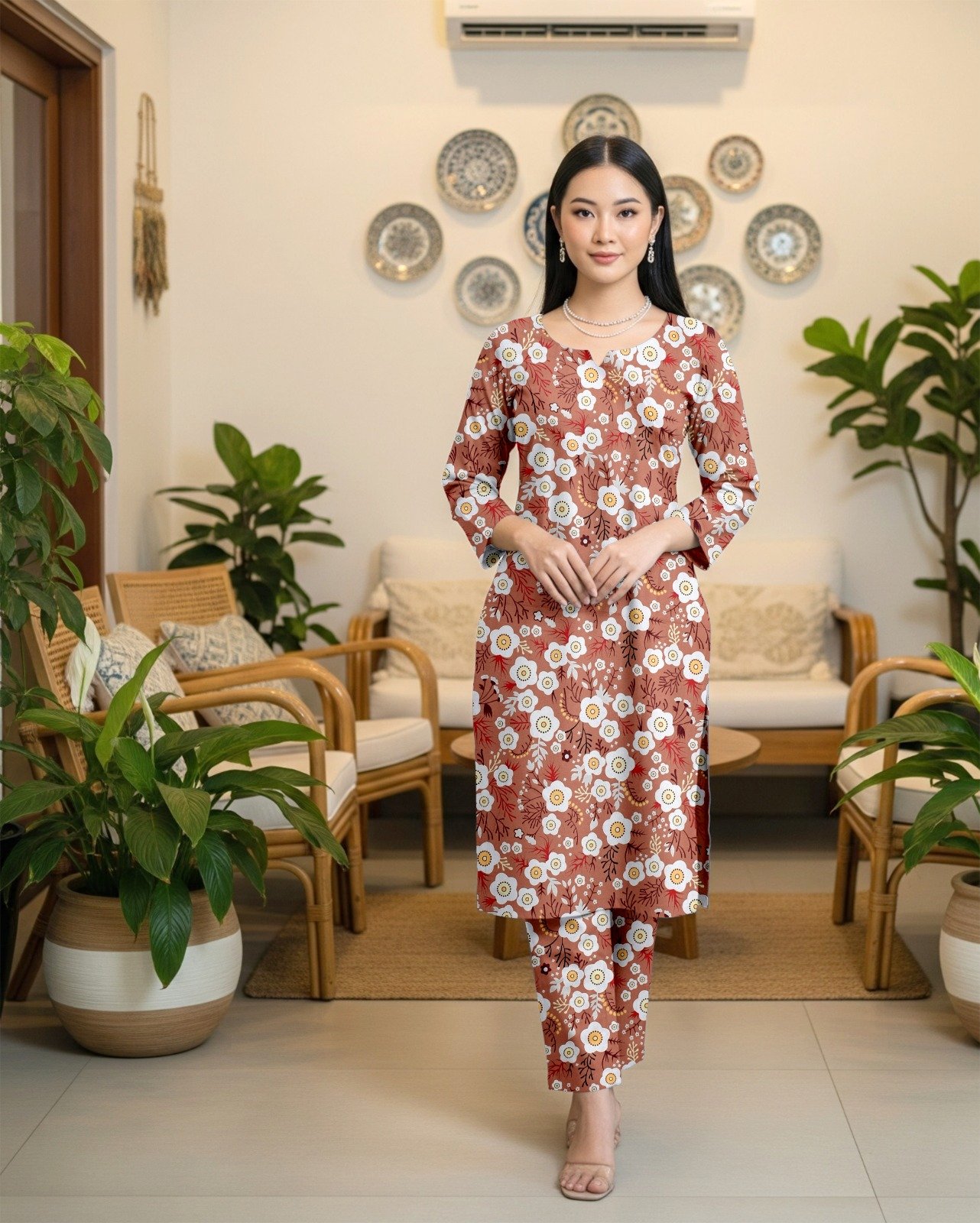 Model posing in a matching 2-piece earthy terracotta rust lawn twin set with white geometric daisy bunch prints.