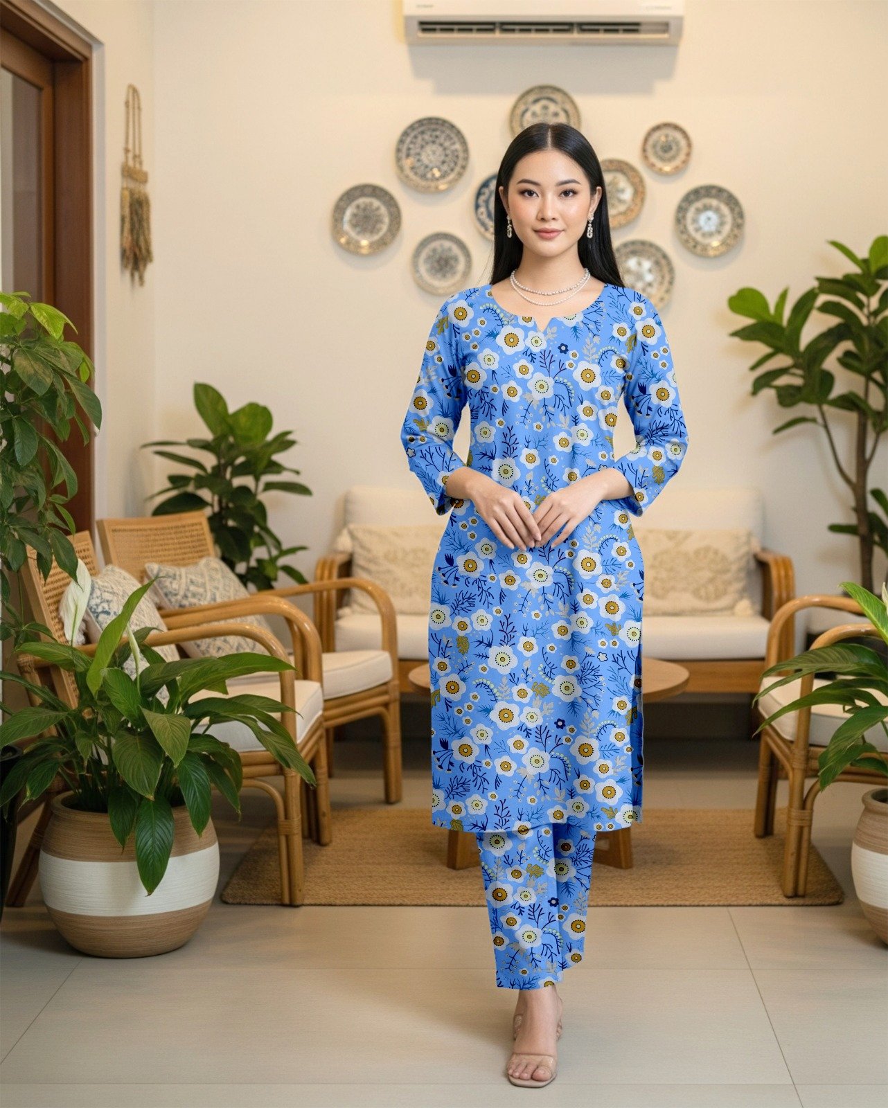 Model posing in a matching 2-piece bright cornflower blue lawn twin set with white and yellow ring motifs.