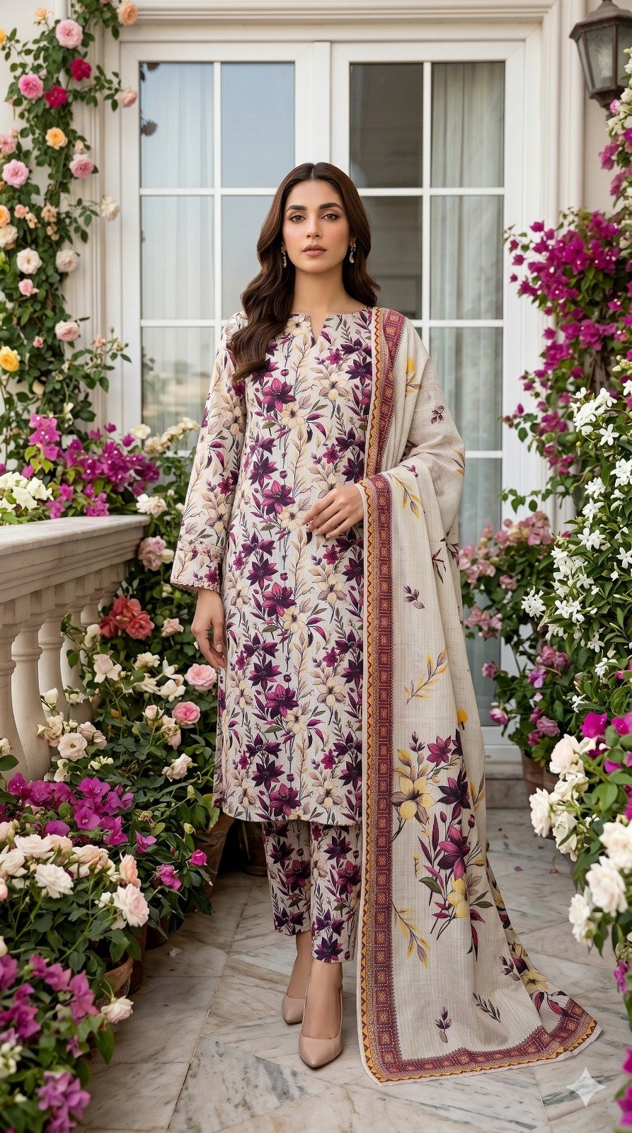 Model posing outdoors in a matching 3-piece cream and deep plum botanical trail printed lawn suit with a bordered dupatta.