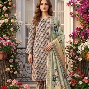 Model posing outdoors in a matching 3-piece sage green and slate blue urban ivy premium lawn suit with a printed border dupatta.