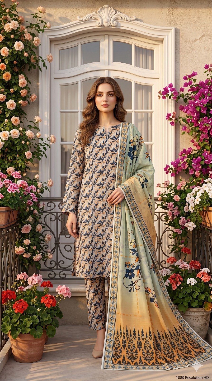 Model posing outdoors in a matching 3-piece sage green and slate blue urban ivy premium lawn suit with a printed border dupatta.