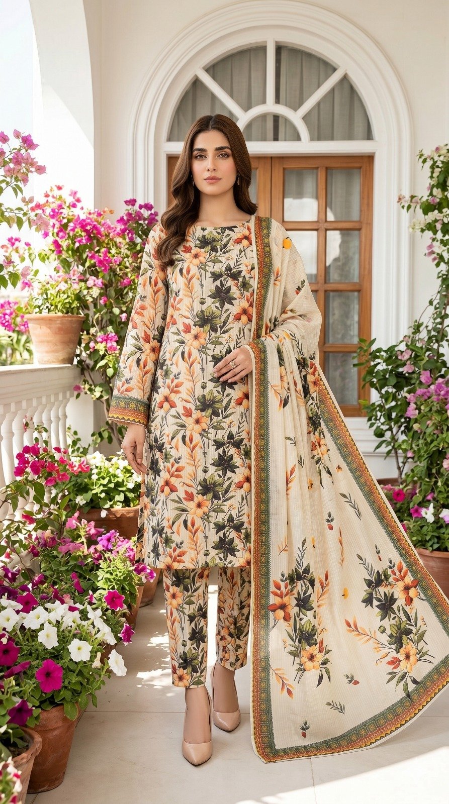 Model posing outdoors in a matching 3-piece warm ivory and terracotta orange botanical trail printed lawn suit with an olive green bordered dupatta.