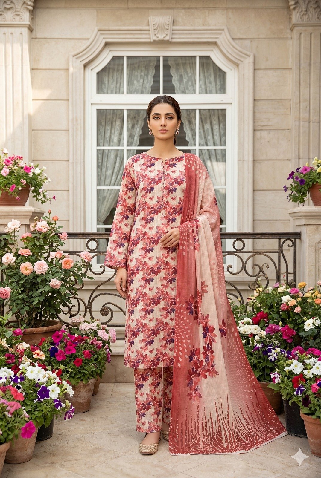 Model posing outdoors in a matching 3-piece dusty rose and burgundy garden bloom premium lawn suit with a printed matching dupatta.