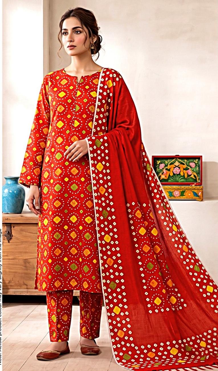 Model posing in a matching 3-piece fiery crimson red indus dot chunri lawn suit with a printed border dupatta.