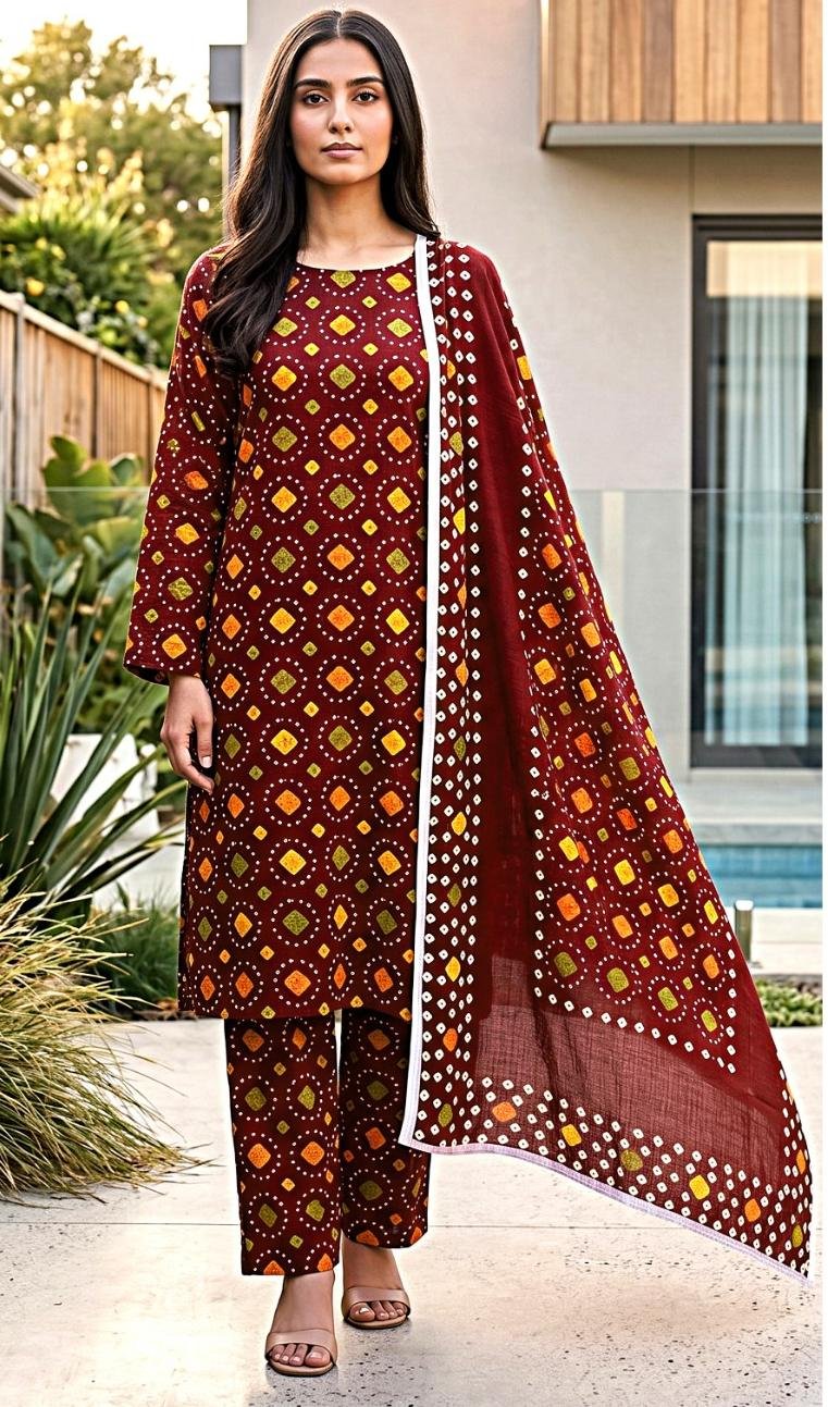 Model posing in a matching 3-piece deep maroon indus dot traditional bandhani lawn suit with a matching dupatta.