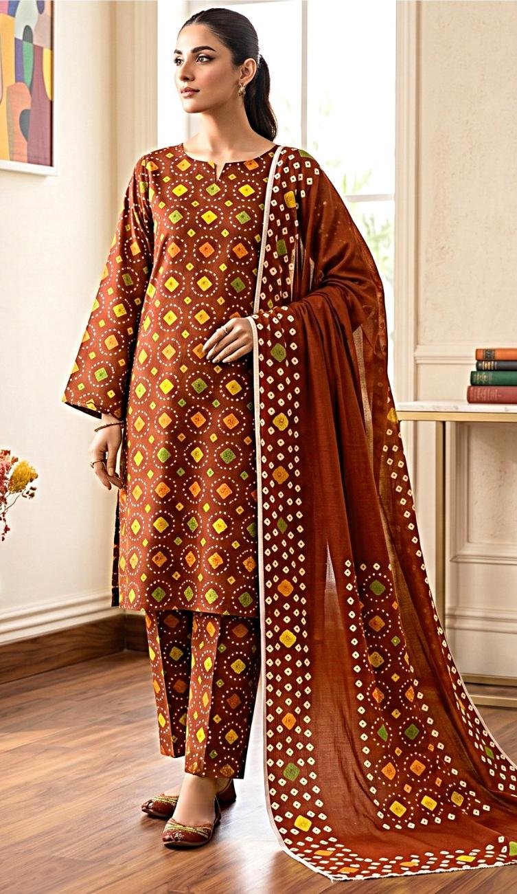 Model posing in a matching 3-piece rich chocolate brown indus dot printed lawn suit with a matching full-length dupatta.