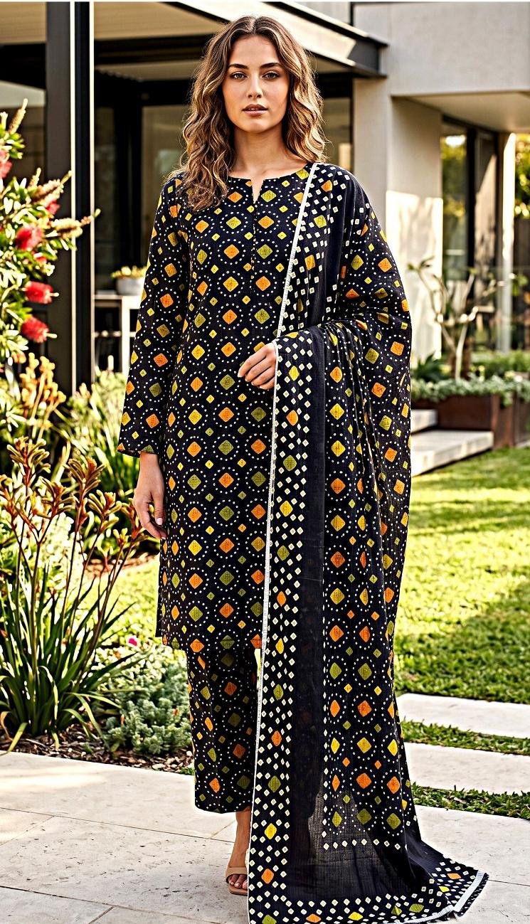 Model posing in a matching 3-piece midnight black indus dot chunri lawn suit with orange and green geometric details.