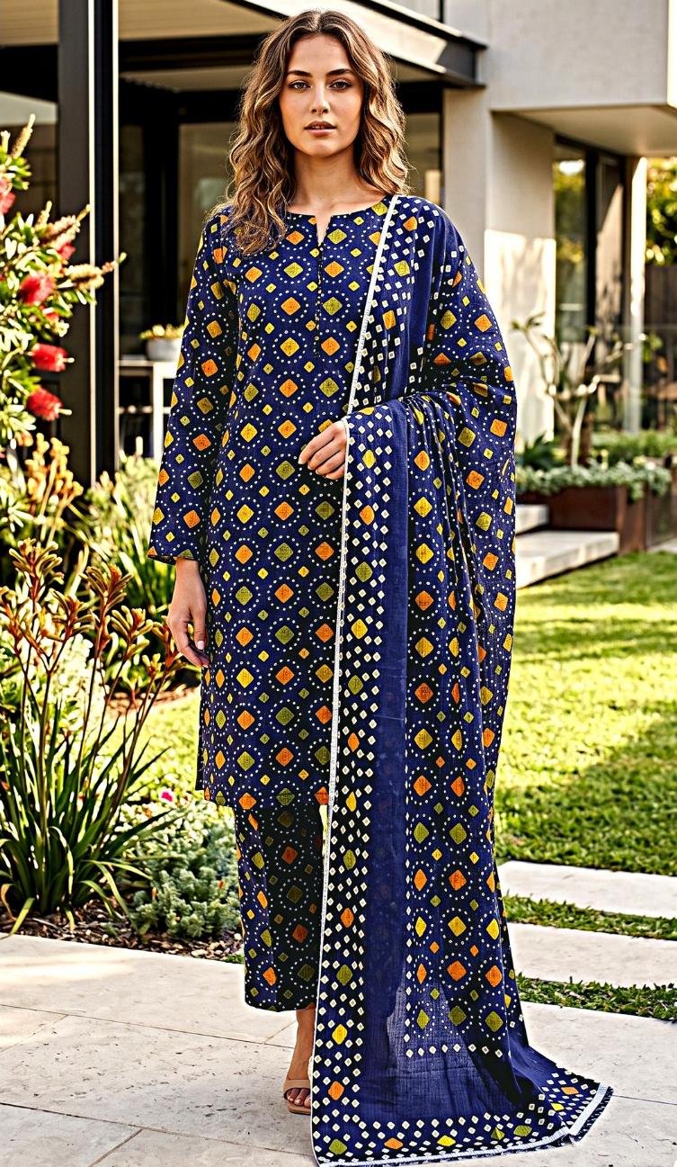 Model posing in a matching 3-piece royal indigo blue indus dot traditional bandhani lawn suit with a printed dupatta.