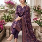 Model sitting on a bench in a matching 3-piece deep midnight violet lawn suit with coral micro-prints and a traditional border dupatta.