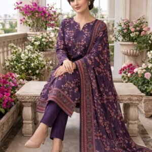 Model sitting on a bench in a matching 3-piece deep midnight violet lawn suit with coral micro-prints and a traditional border dupatta.
