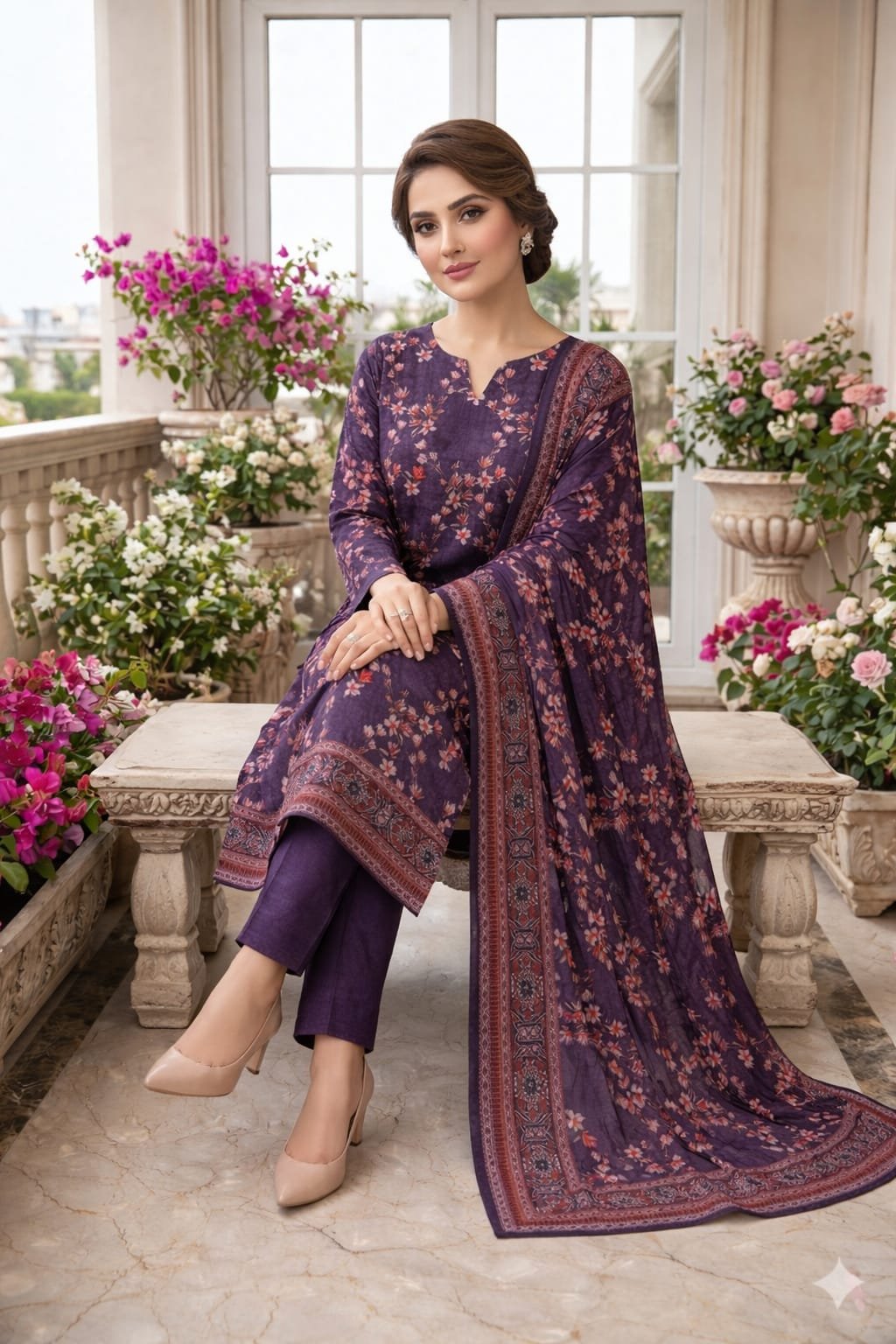 Model sitting on a bench in a matching 3-piece deep midnight violet lawn suit with coral micro-prints and a traditional border dupatta.