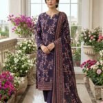 Model posing in a matching 3-piece deep midnight violet lawn suit with coral micro-prints and a traditional border dupatta.