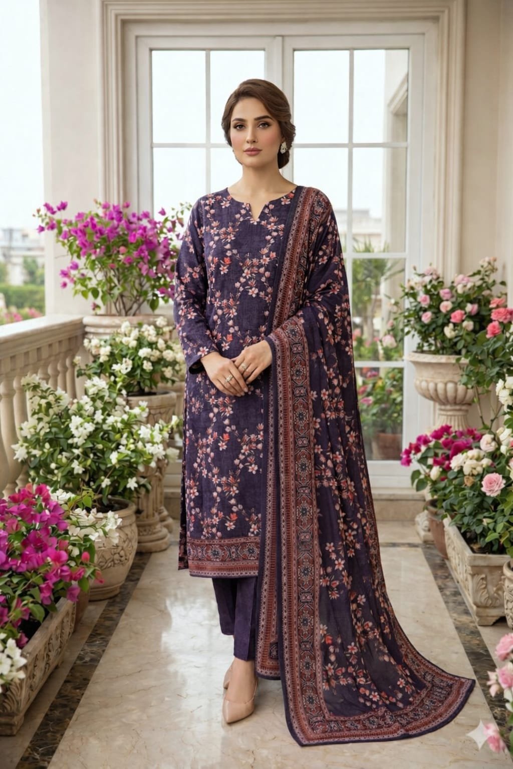 Model posing in a matching 3-piece deep midnight violet lawn suit with coral micro-prints and a traditional border dupatta.
