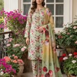 Model posing outdoors in a matching 3-piece mint green mint orchard premium summer lawn suit with burgundy botanical prints and a gradient dupatta.