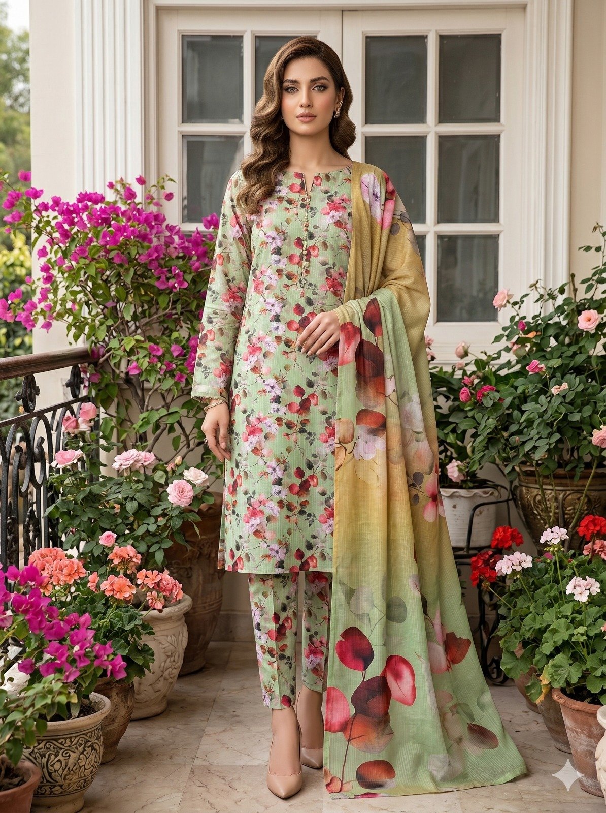 Model posing outdoors in a matching 3-piece mint green mint orchard premium summer lawn suit with burgundy botanical prints and a gradient dupatta.