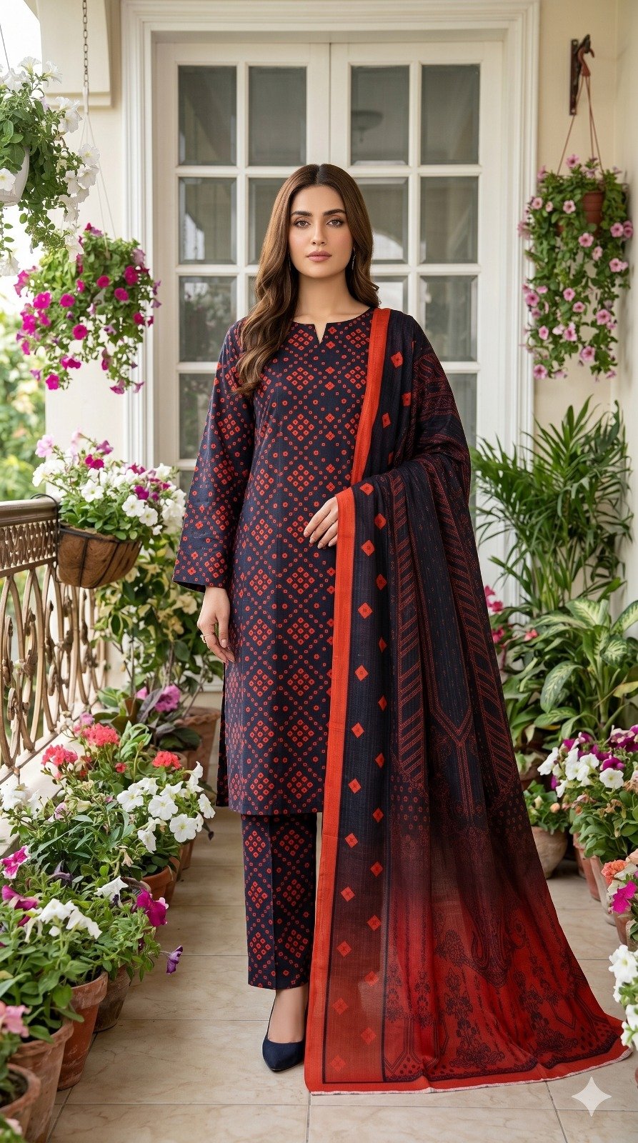 Model posing outdoors wearing a matching 3-piece navy blue indigo rouge premium summer lawn suit with red geometric prints and an ombré dupatta.