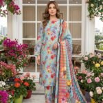 Model posing outdoors in a matching 3-piece sky blue sky meadow premium lawn suit with coral prints and a checkered border dupatta.
