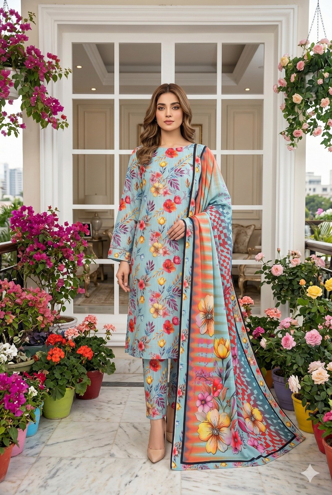 Model posing outdoors in a matching 3-piece sky blue sky meadow premium lawn suit with coral prints and a checkered border dupatta.