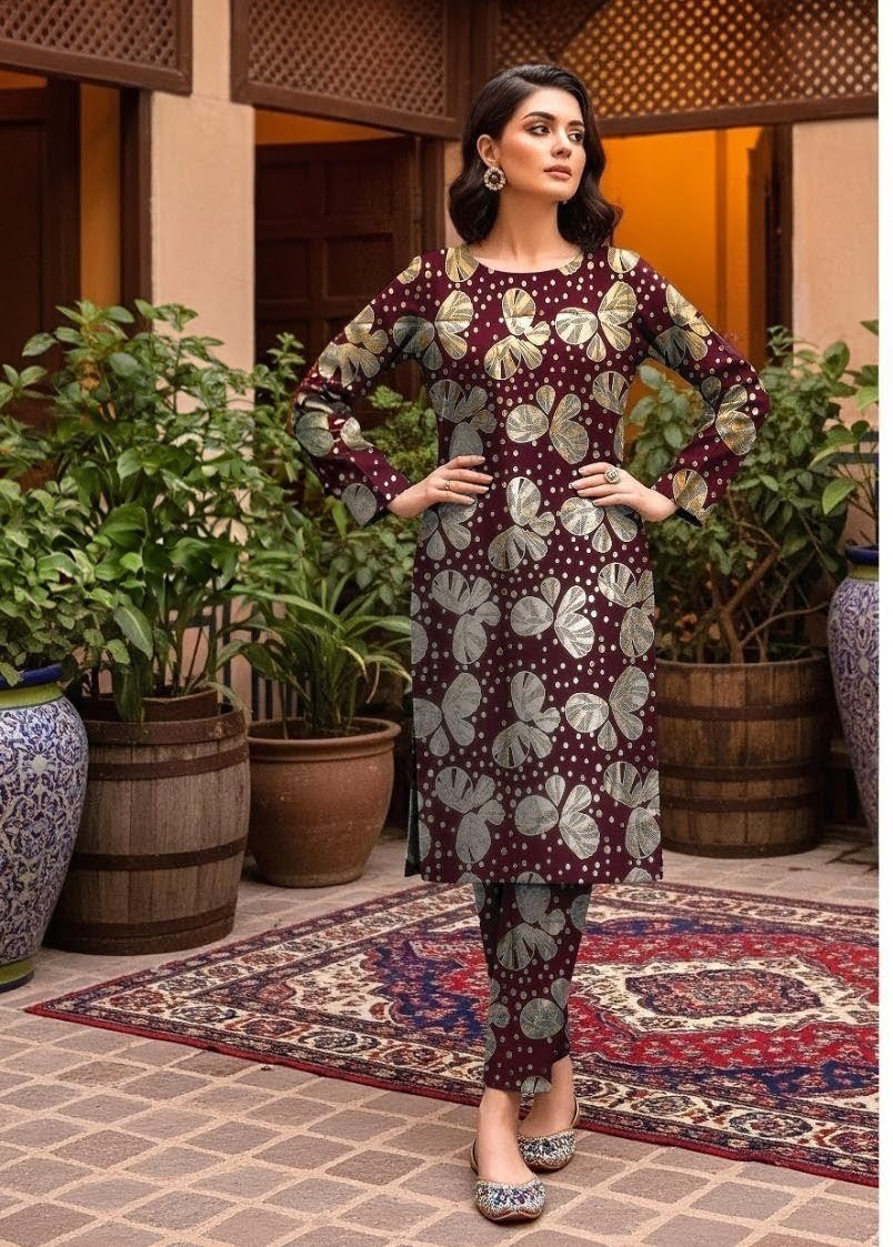 Model posing on a traditional rug in the maroon variant of the monarch foil 2 piece premium summer lawn suit with silver prints.