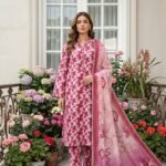 Model posing on a balcony wearing a matching 3-piece blush pink blush lattice premium summer lawn suit with magenta prints and a honeycomb grid dupatta.