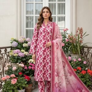 Model posing on a balcony wearing a matching 3-piece blush pink blush lattice premium summer lawn suit with magenta prints and a honeycomb grid dupatta.