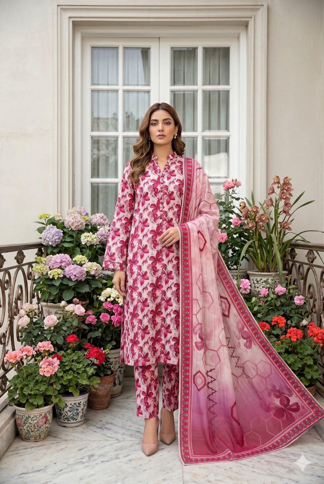 Model posing on a balcony wearing a matching 3-piece blush pink blush lattice premium summer lawn suit with magenta prints and a honeycomb grid dupatta.