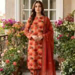Model posing outdoors wearing a matching 3-piece terracotta amber grove premium summer lawn suit with burnt orange prints and a striped border dupatta.