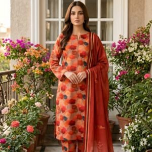 Model posing outdoors wearing a matching 3-piece terracotta amber grove premium summer lawn suit with burnt orange prints and a striped border dupatta.