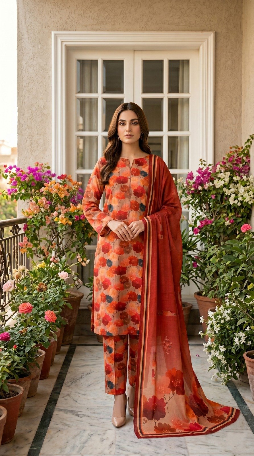 Model posing outdoors wearing a matching 3-piece terracotta amber grove premium summer lawn suit with burnt orange prints and a striped border dupatta.