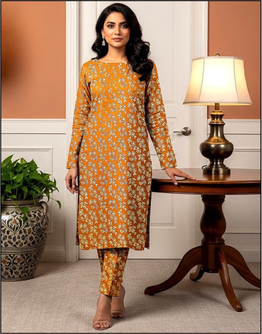 Model standing by a table lamp wearing the mustard orange variant of the ivy bunch 2 piece premium summer lawn suit with cream foliage prints.