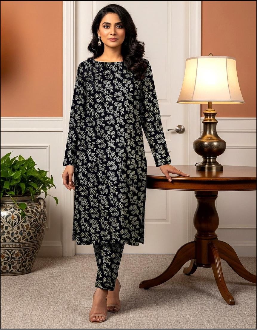 Model standing by a table lamp wearing the jet black variant of the ivy bunch 2 piece premium summer lawn suit with pale mint prints.