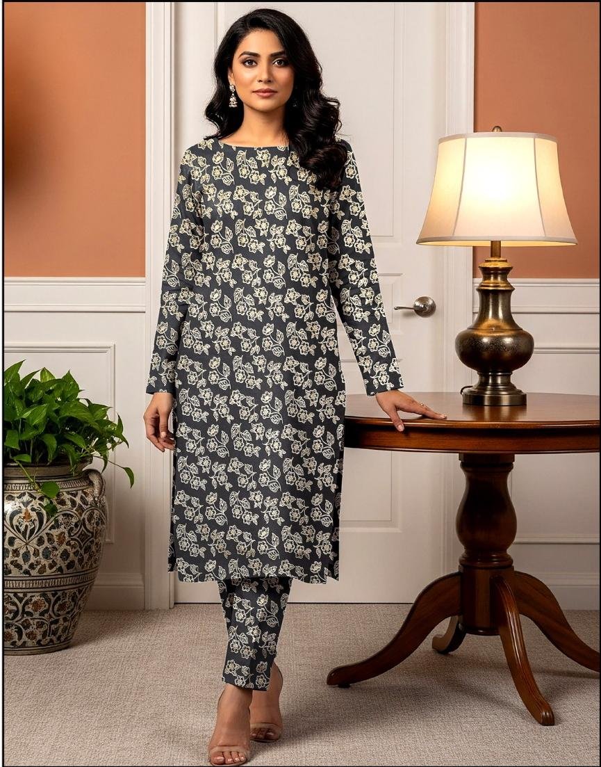 Model standing by a table lamp wearing the charcoal grey variant of the ivy bunch 2 piece premium summer lawn suit with soft ivory prints.