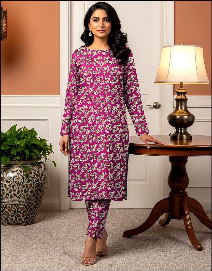 Model standing by a table lamp wearing the magenta pink variant of the ivy bunch 2 piece premium summer lawn suit with light cream prints.