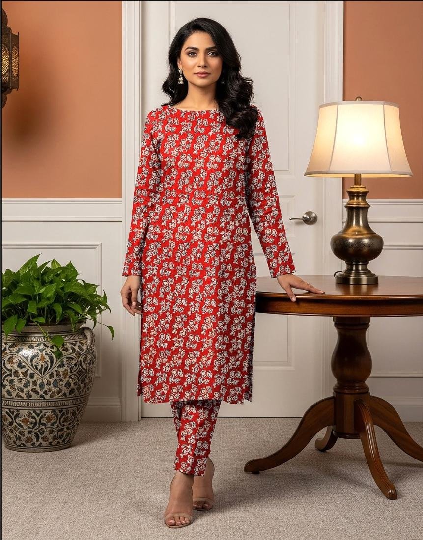 Model standing by a table lamp wearing the crimson red variant of the ivy bunch 2 piece premium summer lawn suit with off-white foliage prints.