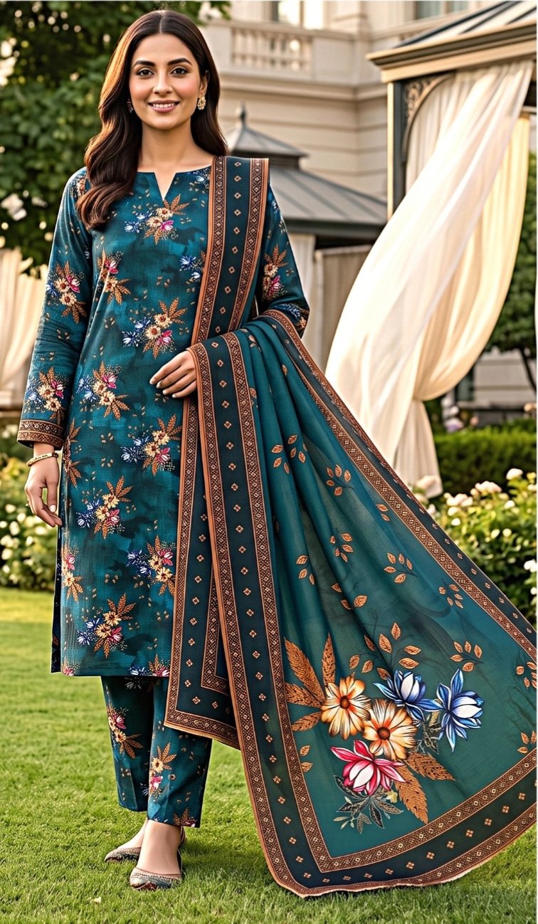 Model posing in a grassy garden lawn wearing a matching 3-piece deep teal spruce elegent summer lawn suit with tan prints and a geometric bordered dupatta.
