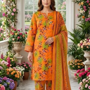 Model posing in a garden veranda wearing a matching 3-piece orange and lime green citrus vine premium summer lawn suit with plum vine prints and a geometric bordered dupatta.